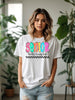 a woman wearing a white t - shirt with the words senior on it