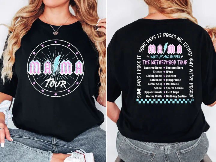 a woman wearing a black t - shirt with a tour schedule on it