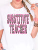a woman wearing a white t - shirt with the words substance teacher printed on it