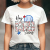 a woman wearing a t - shirt that says hey batter batter batter swing