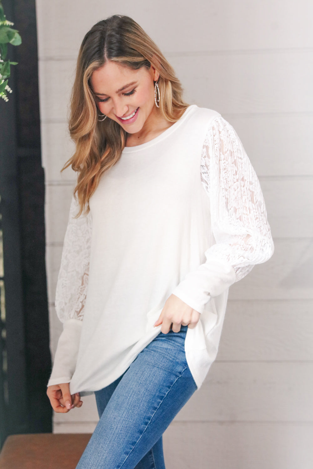 White Hacci Floral Lace Sleeve Sweater Top  Haptics   