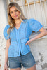 Blue Eyelet Crochet Short Sleeve Button Down Top  Liv Los Angles   
