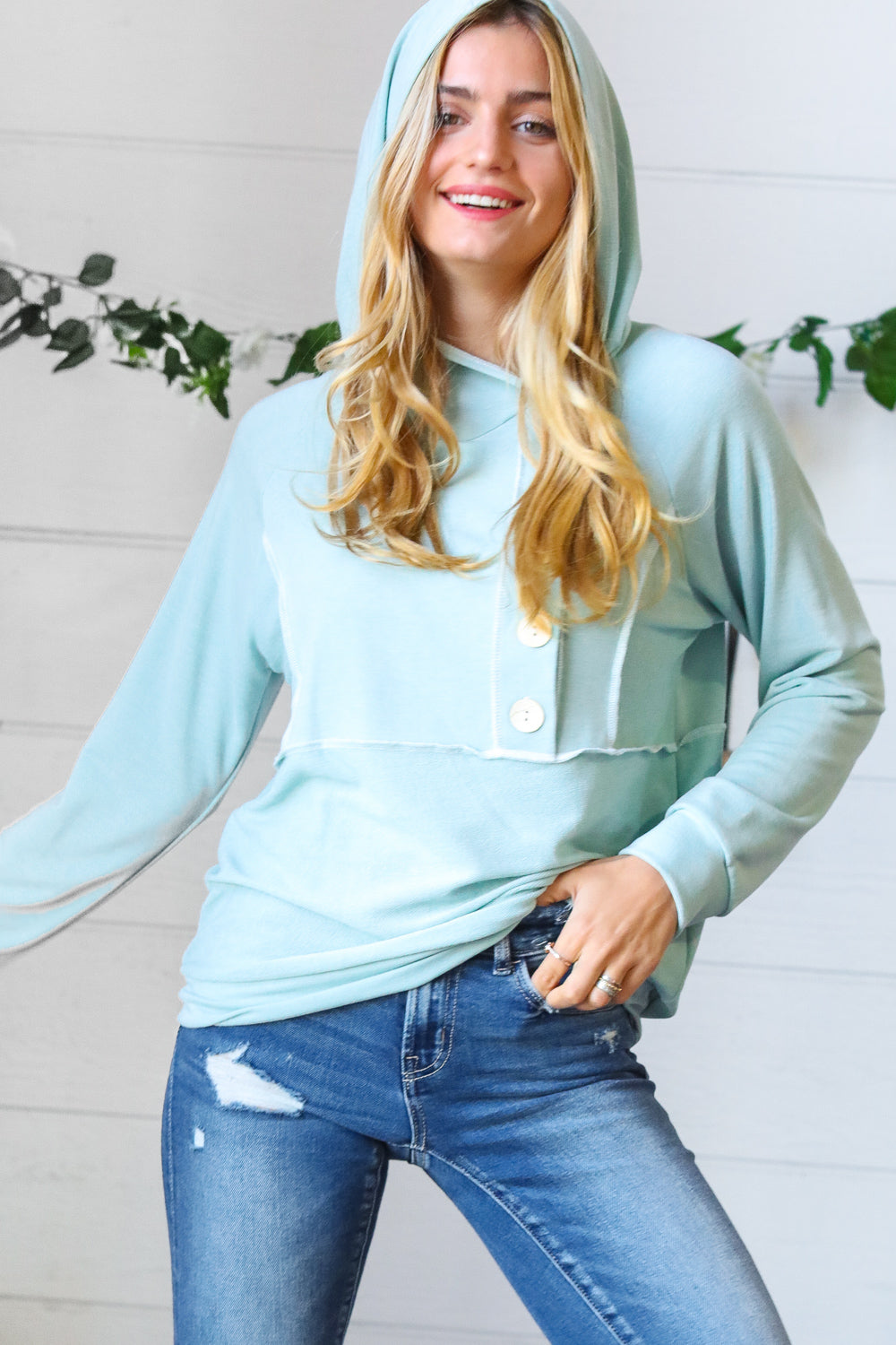 Teal French Terry Button Down Outseam Hoodie  Sugarfox   