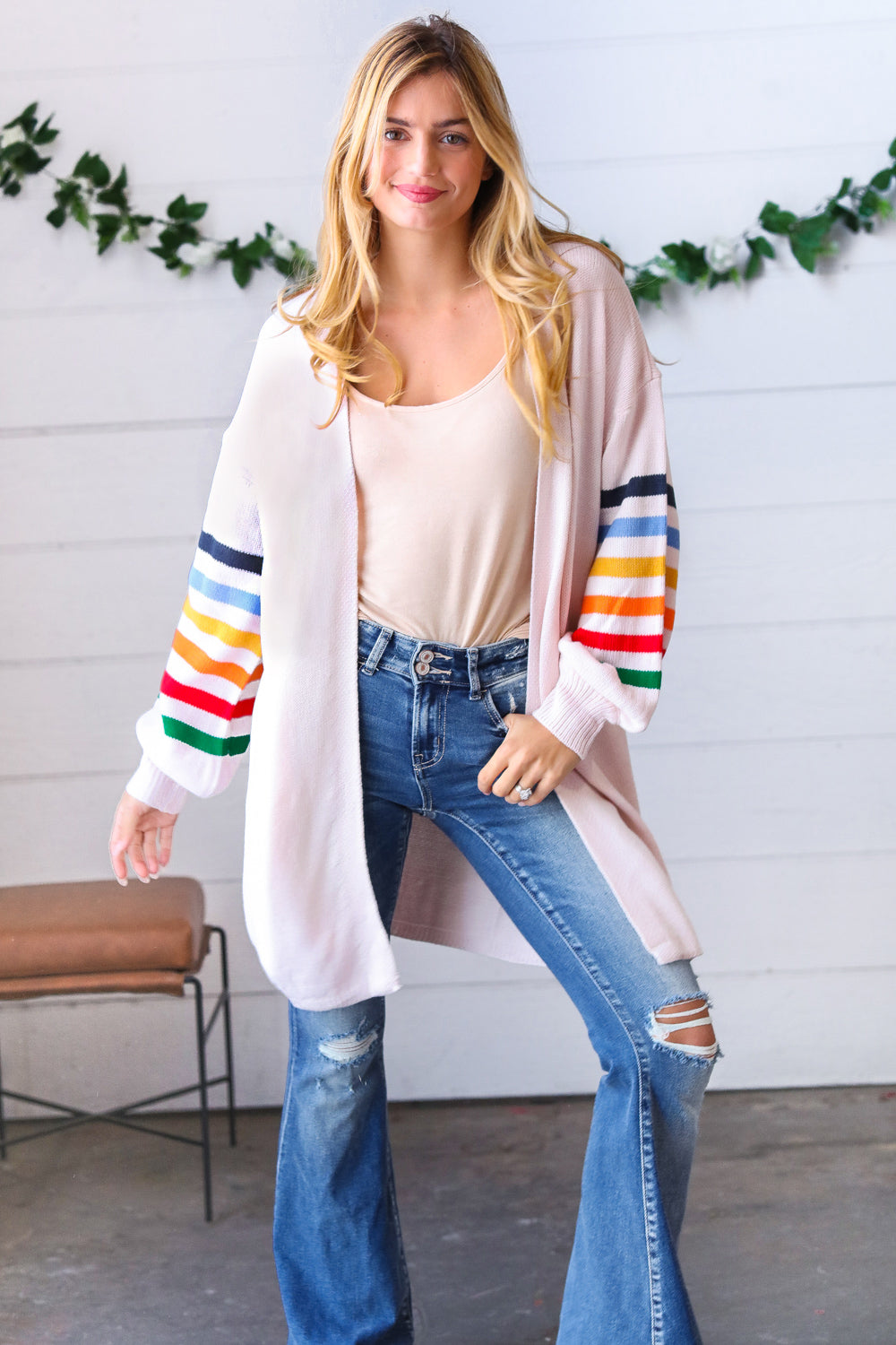 Rainbow Stripe Bubble Sleeve Open Sweater Cardigan  Haptics   