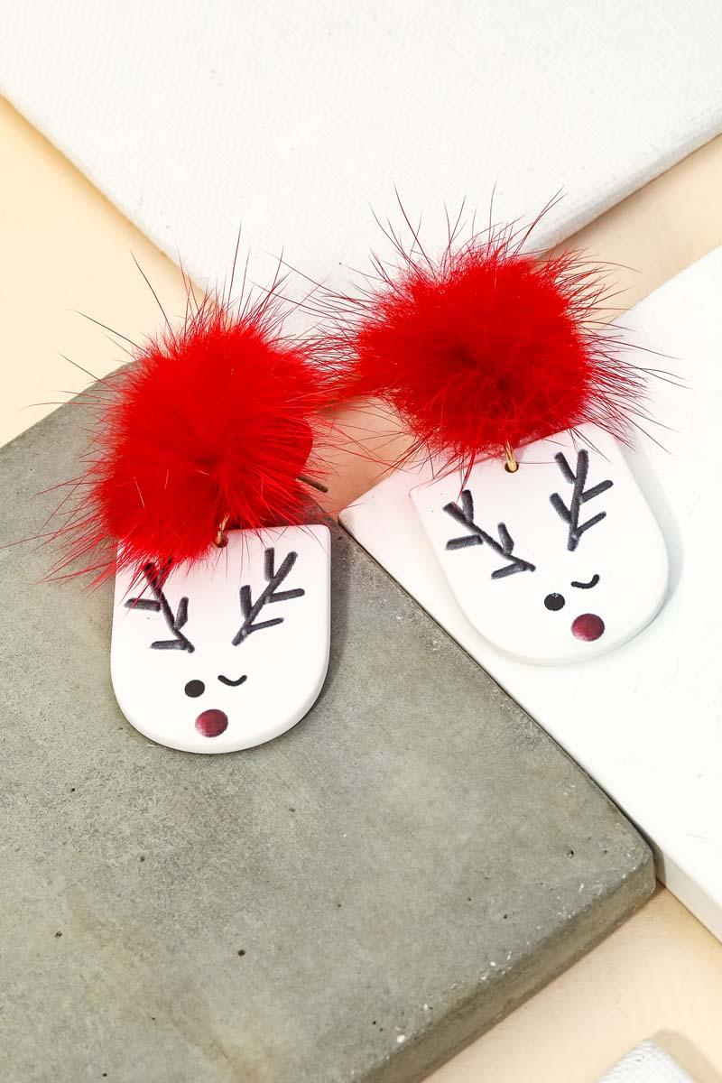Fuzzy Pom Reindeer Christmas Earrings  WAFFLE   